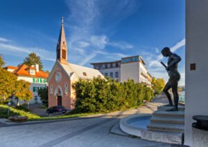 Colonnade bridge in Piestany, statue, breaking barrel, chapel, church, spa town, Slovakia.
